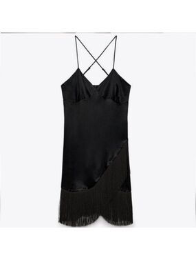 black dress with pearls zara Zara Black Flare Mini Dress